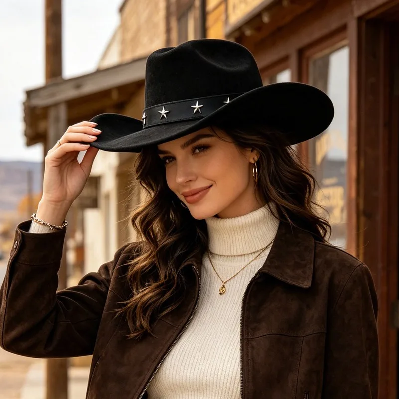Fedora Hat Wool - قبعة كاوبوي نسائية واسعة الحواف رائجة